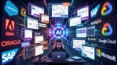 Illustration of SaaS cost sprawl versus a unified custom AI system for small and medium businesses